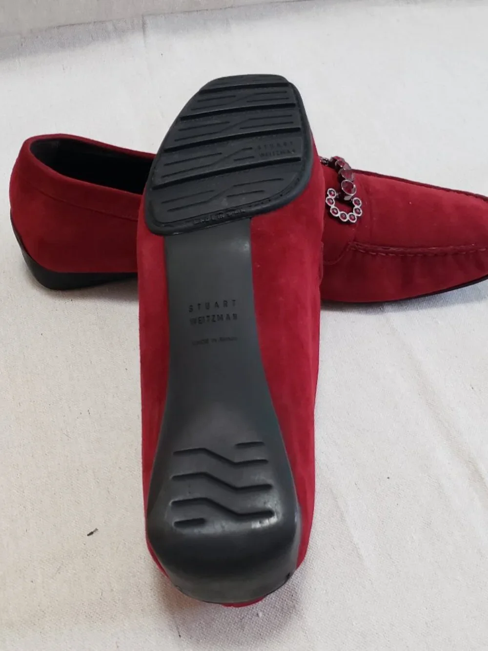 Stuart Weitzman Women Size 12M Burgundy Suede Crystal Embellished Slides Loafers